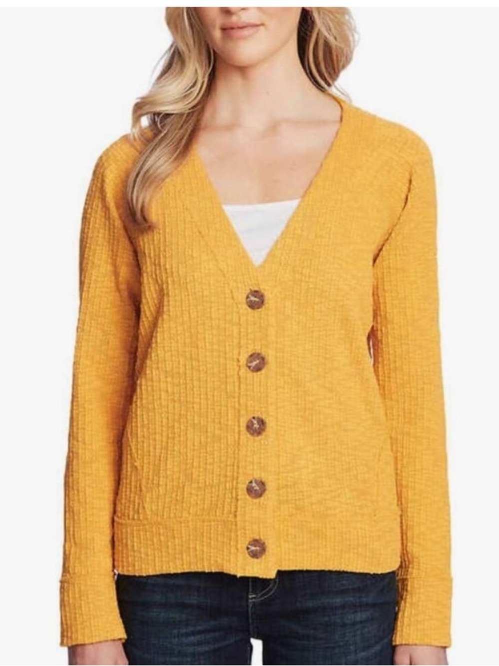 Two by Vince Camuto Textured V-Neck Cardigan — Yellow
